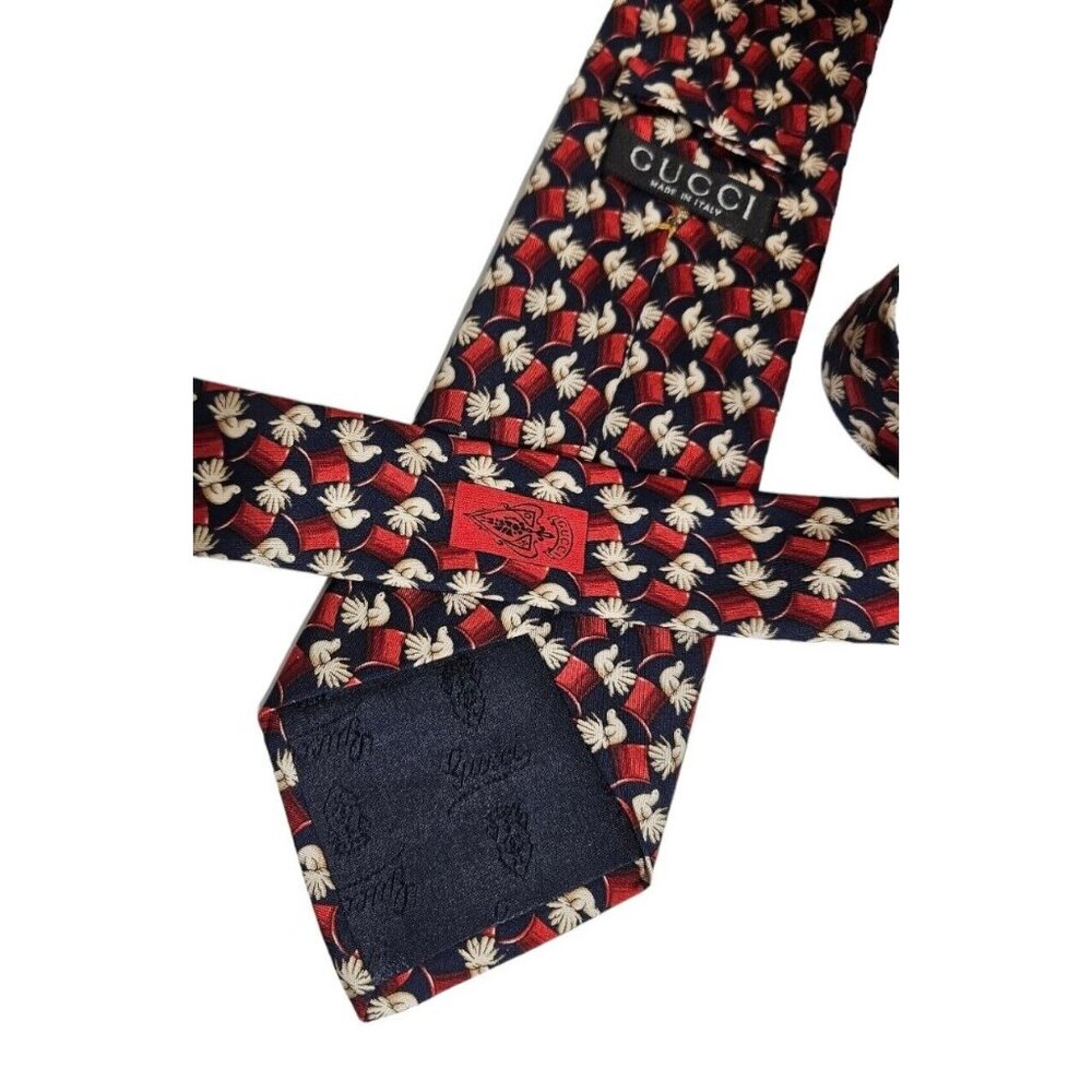 GUCCI Men's 100% Silk Necktie LUXURY Tie Blue Red Hat Pigeon W:3.7" EUC - Picture 5 of 5